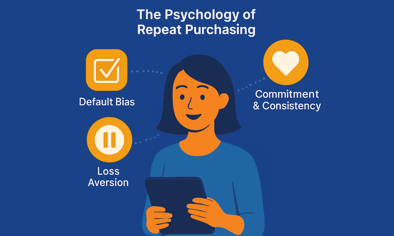 Illustration highlighting key psychological principles that influence repeat purchases in subscription commerce. Features a woman holding a tablet, surrounded by icons representing Default Bias, Commitment & Consistency, and Loss Aversion, all connected with dotted lines. Blue-themed design for visual clarity.