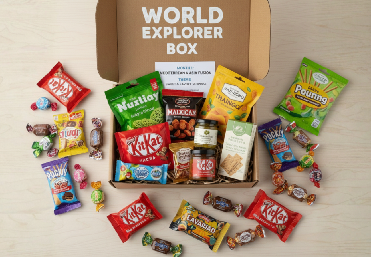 Open snack subscription box labelled “World Explorer Box” filled with international snacks and sweets, arranged on a table to showcase variety and discovery.