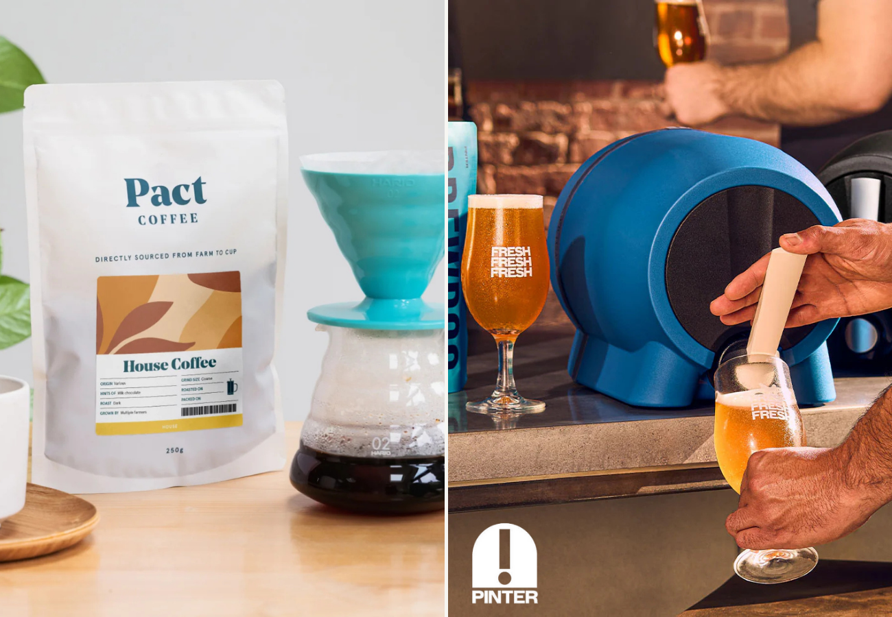 A split-screen image showing a bag of Pact Coffee next to a glass coffee server on the left, and a blue Pinter brewing machine pouring a fresh beer into a glass on the right.